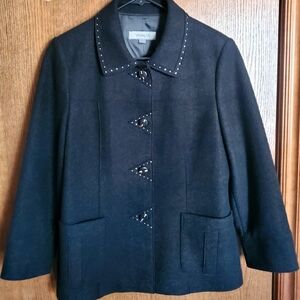 Vivaldi Black Wool Blend Women's Pea Coat with Rhinestone Buttons & Accents S 10